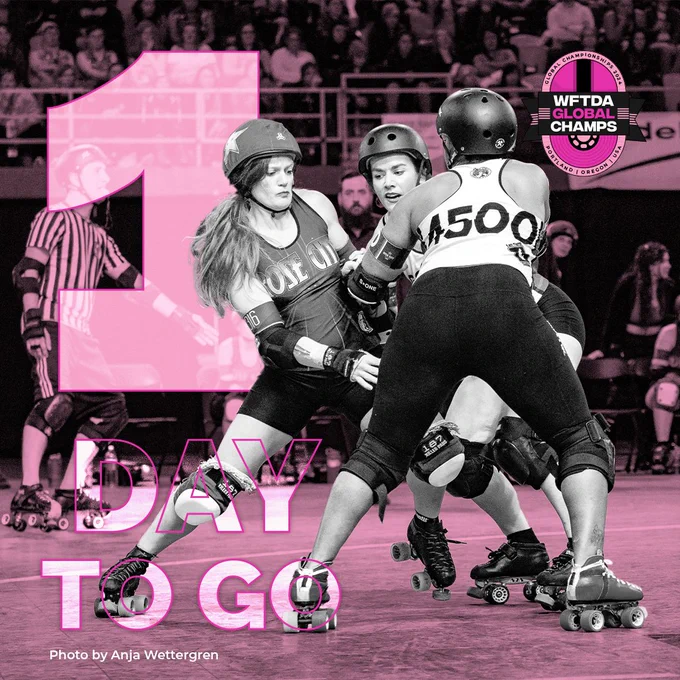 Graphic with a photo showing roller derby jammer trying to get past two opposing blockers, with the 2024 WFTDA Global Championships logo and text that says, "1 Day to go!"
