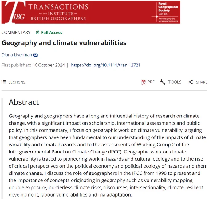 Title and abstract for 'Geography and climate vulnerabilities' by Diana Liverman in Transactions of the Institute of British Geographers.