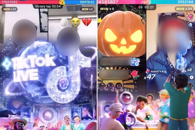 A composite image of two TikTok live games with the faces of competitors blurred out- and one with a Halloween pumpkin head superimposed on it