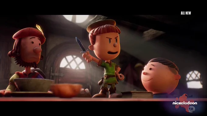A screenshot of Max standing on the table, holding up her dagger in front of Uncle Budrick (left) and Kevyn (right). The Nickelodeon and "ALL NEW" screenbugs are also seen on the right-hand side of the screen. 