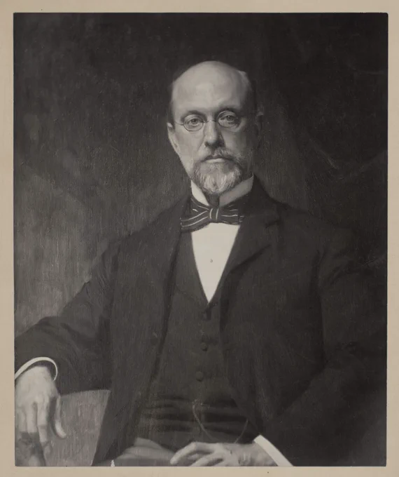 A portrait of a fair-skinned man wearing a suit, cross tie, and round glasses. 