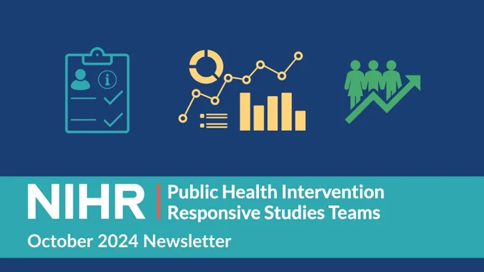 Navy blue background with clipboard icon, data icon and healthy people icon. An aqua coloured banner has the text October 2024 Newsletter and the NIHR PHIRST logo