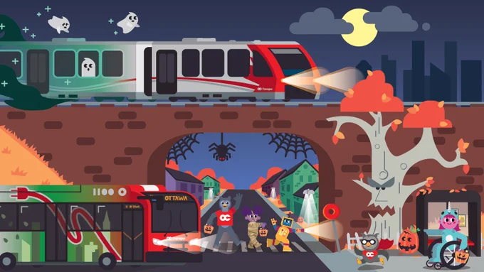 Spooky Halloween graphic set during the night. A ghost train, and spooky bus, OC Owl and Kids Go Free characters in costumes.
