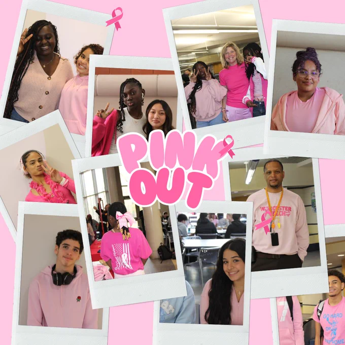 Worcester tech Pink out with Bubble letters, pink background and ribbons