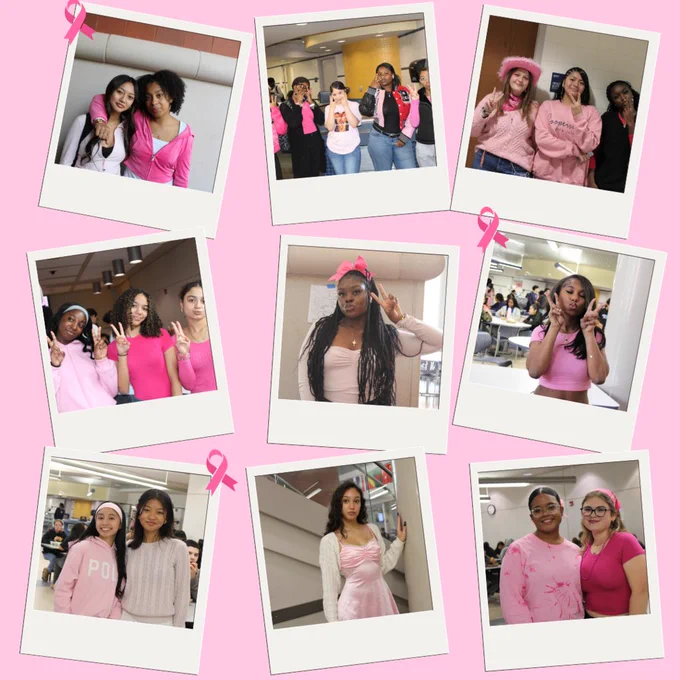 Worcester tech Pink out with Bubble letters, pink background and ribbons