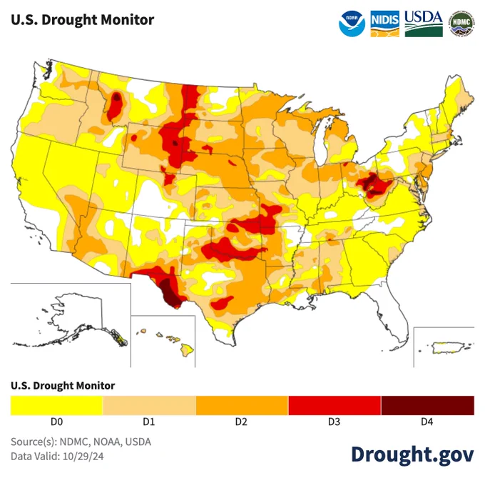 The October 29 U.S. Drought Monitor shows 45.2% of the United States   Puerto Rico in drought. Every state has at least some Abnormal Dryness (D0). Exceptional Drought (D4) is present in Montana, Wyoming, Texas, Ohio, and West Virginia.