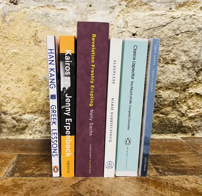 A photograph of the six titles shortlisted for the Warwick Prize for Women in Translation 2024. The books are stood on their side with spines showing. They are on a wooden surface against a brick wall. 