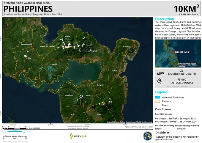 Flood map of the Bicol Region in the Philippines after Typhoon Trami. The map uses Sentinel-1 data from 28 October to estimate flooded areas.