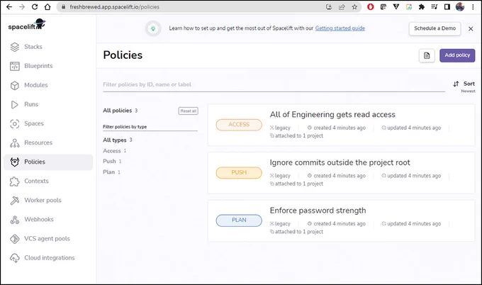 (screenshot of the Spacelift Policies screen) Policies are a special feature of Spacelift: Compliance and security rules can be enforced within rolled-out Spacelift stacks, to the delight of security officers. © Spacelift