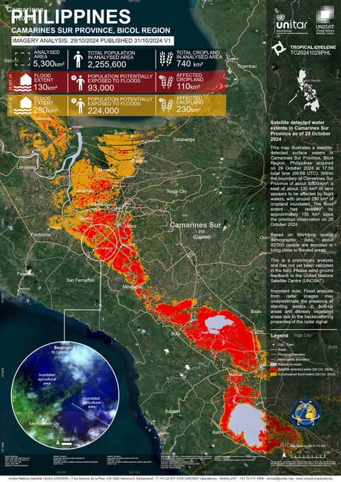 Flood map of Camarines Sur Province in the Philippines after Typhoon Trami. The map uses Sentinel-1 and 2 data from 30 October to estimate the extent of flooding in the area.