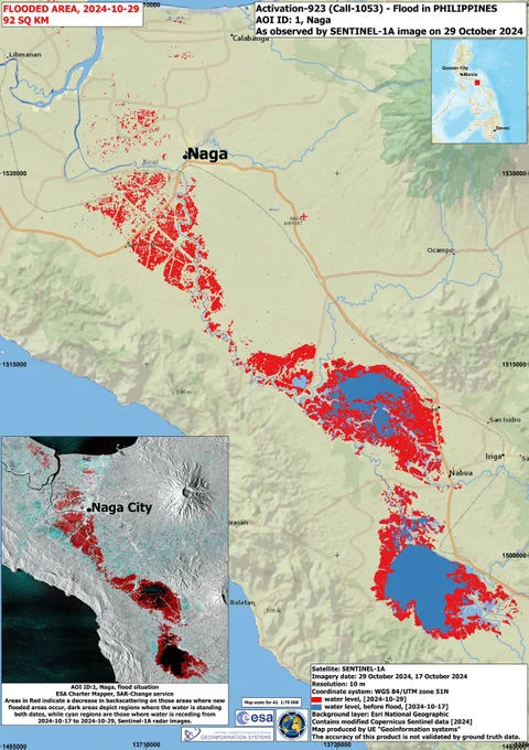 Flood map of the area near Naga City in the Philippines after Typhoon Trami. The map uses Sentinel-1 data from 29 October to estimate the extent of flooding in the area.