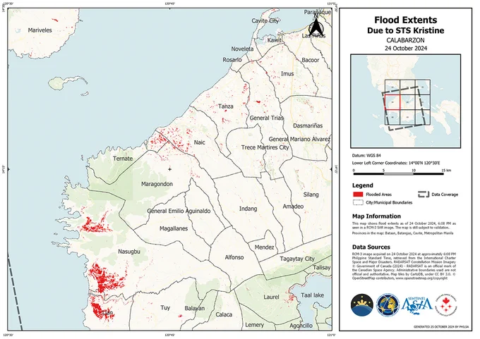 Flood map of Bataan, Batangas, Cavite, and Manila in the Philippines after Typhoon Trami. The map uses RCM data from 24 October to estimate the extent of flooding in the area.