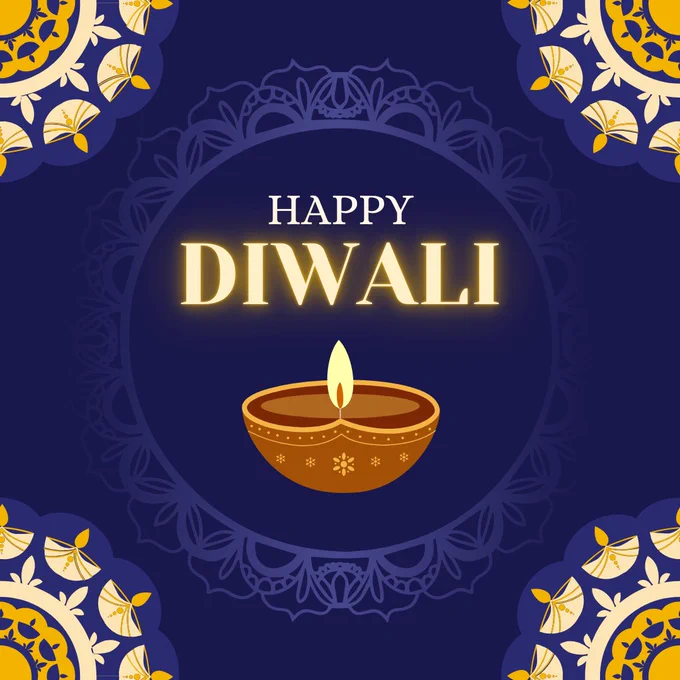 A candle holder with a flame and the text Happy Diwali surrounded by decorated circles with candle holder motifs
