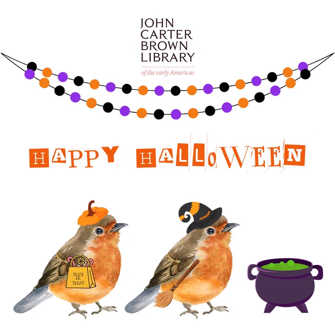 The image contains the JCB logo, the words Happy Halloween, and drawings of robins wearing a pumpkin hat and a witch hat as well as a cauldron and Halloween banner.