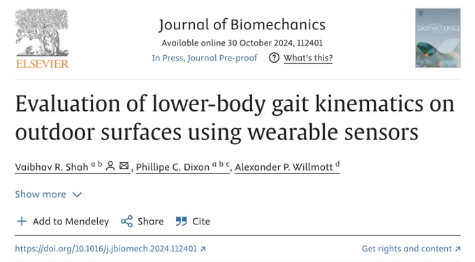 A screenshot of the title of the paper - Evaluation of lower-body gait kinematics on outdoor surfaces using wearable sensors - in the Journal of Biomechanics.
