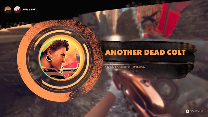 A screenshot from Deathloop of the post-invasion screen. In the middle it shows a stylised image of Julianna aiming a sniper rifle. Next to that it says, “Another dead Colt” followed by, “You killed ArkaneLyon_TetraSomia.” In the top left it says, “Karl’s Bay” and behind the stylised post-invasion graphic is a blurred shot of my Julianna holding a bronze shotgun from the first-person perspective.