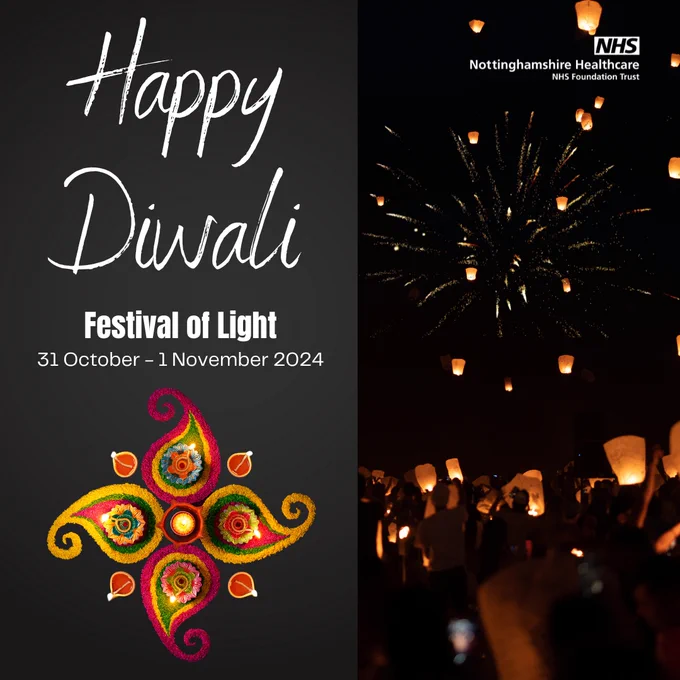 Image of people releasing floating lanterns into the night sky. Message: Happy Diwali, Festival of Light. 