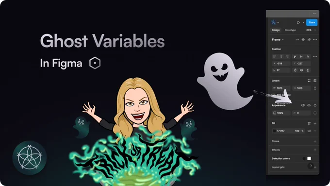 The article titled "Ghost Variables in Figma" is written. 

The author is featured as a bitmoji graphic surrounded by ghost graphics. There is spooky smoke coming up from a cauldron with "trick or treat" spelled out in the smoke. The Figma UI right side panel is featured with an arrow pointing from a ghost graphic to the hexagon icon indicating a variable is present.
