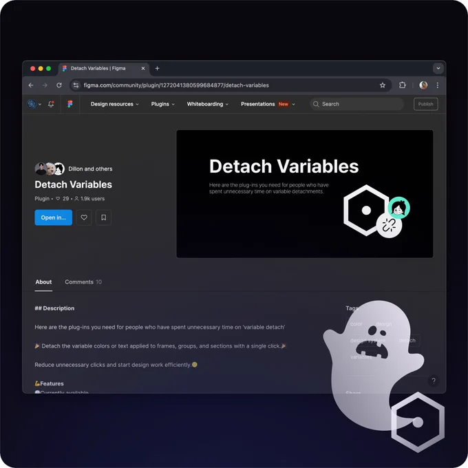The Figma community page for a plugin called "Detach Variables" is featured alongside a graphic of a ghost coming out of a hexagon.