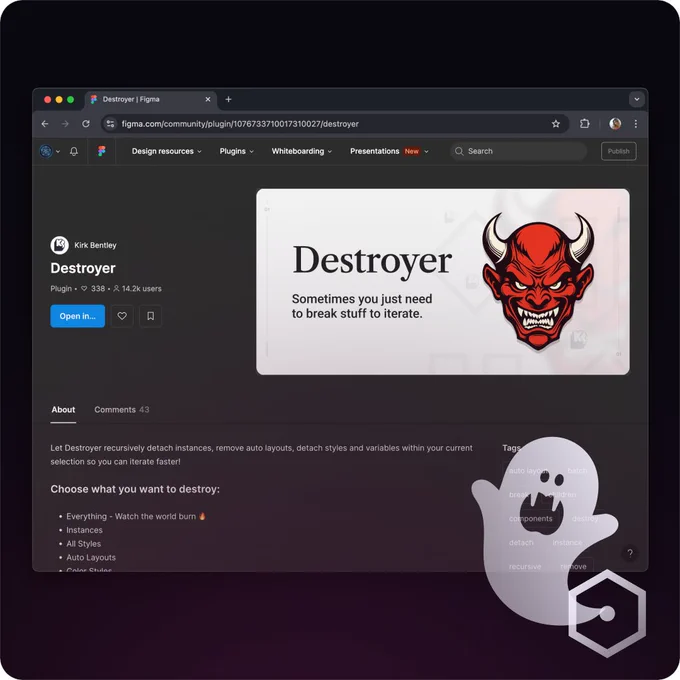 The Figma community page for a plugin called "Destroyer" is featured alongside a graphic of a ghost coming out of a hexagon.