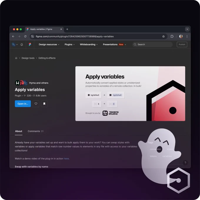 The Figma community page for a plugin called "Apply Variables" is featured alongside a graphic of a ghost coming out of a hexagon.