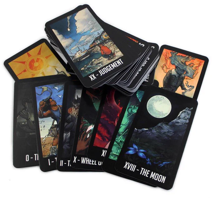 The first Night Vale tarot card deck by Jay Holloway, featuring Jay's depictions of the Night Vale Universe. The cards come with a purple velvet carrying bag.