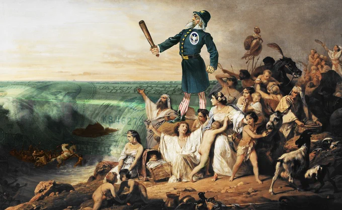 A painting of Moses parting the Red Sea, with taerrified and grateful Israelites around his feet and an onrushing army of charioteers in pursuit. Moses has been replaced with a vintage editorial cartoon depicting Uncle Sam as a stern cop holding out a billyclub, on his breast is the crest of the Consumer Finance Protection Bureau. The roiling Red Sea has been overlaid with a US $100 bill.