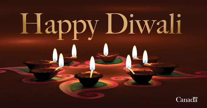 Graphic of lit lanterns.

Text: Happy Diwali

Lower right corner: Canada Wordmark 
