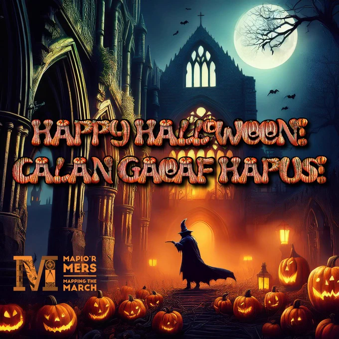 Image shows an AI generated scene where a shadowy figure is walking through a dimly lit castle surrounded by carved pumpkins