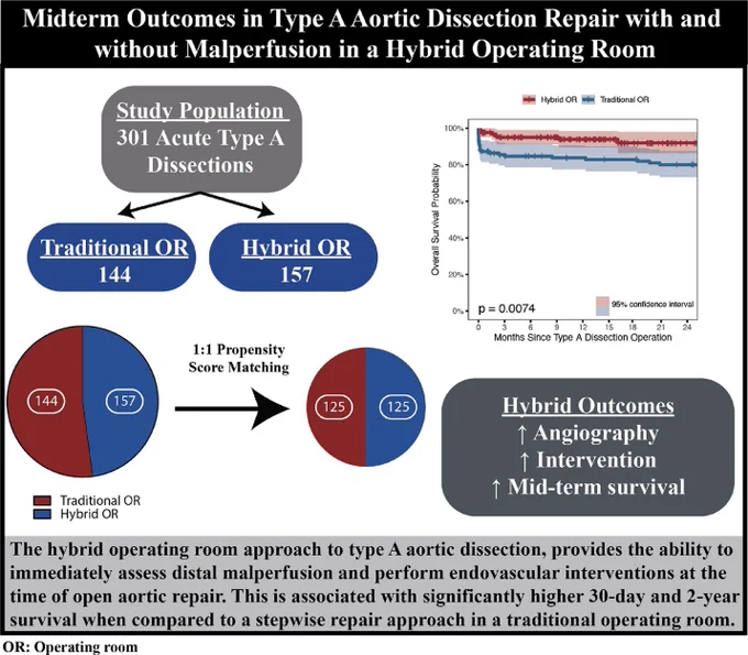 Graphical abstract showing 144 patients in the Traditional OR and 157 patients in the Hybrid OR. After propensity score matching, 125 patients remained in each cohort. 2-year survival was significantly improved in the Hybrid OR group associated with increase in angiography and endovascular intervention.