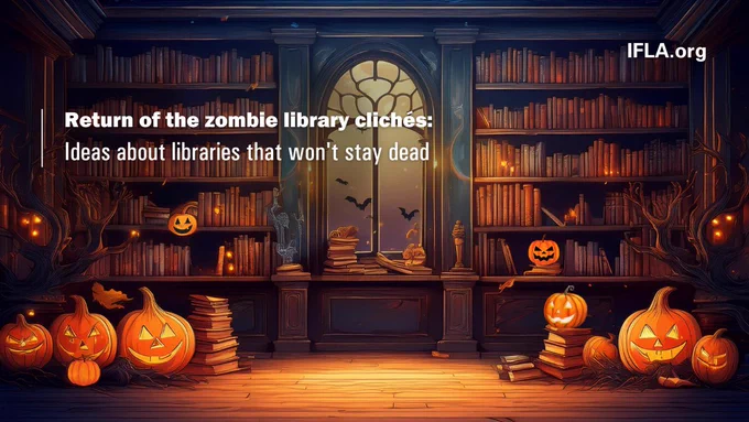 Picture of library shelves with Halloween pumpkins