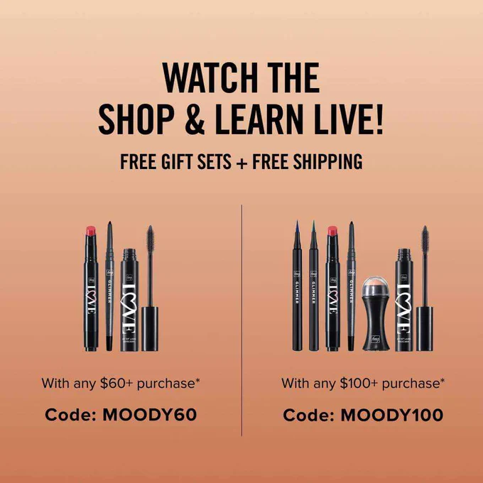 Avon's SHOP & LEARN SHOW: "Moody Makeup" 

🛒📦 FREE Gift Sets   FREE Shipping on $60  orders 

Use Code: 
📣 MOODY60

🛍📦 FREE Gift Sets   FREE Shipping on $100  orders

Use Code:
📣 MOODY100

⏰️ When: 2pm Central/3pm ET 

Where:
https://www.avon.com/live-shopping?rep=skingshafer

↩️ Don't worry if you missed it, you can watch the replay. 😉 

#ItsSybCalling Avon Independent Ambassador 

° Taxes do not qualify toward the minimum purchase requirement. Online orders: direct delivery shipping only. 

🎉📦🛒🛍📱🎉📦🛒🛍📱🎉📦