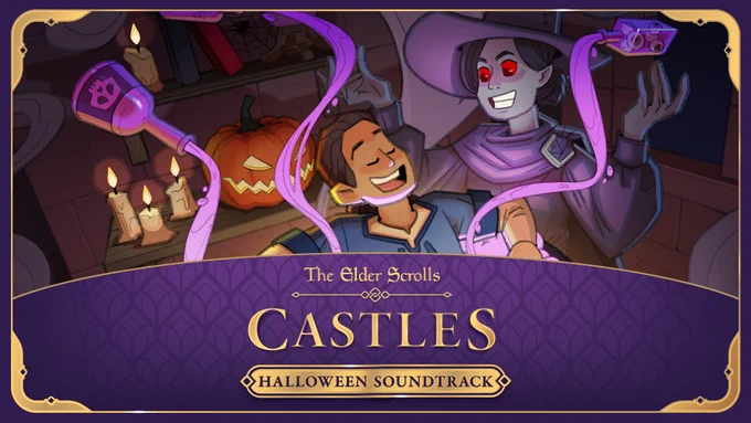 A purple and gold image featuring illustrated characters from The Elder Scrolls: Castles and purple liquids being poured into a cauldron with the text:

The Elder Scrolls: Castles
Halloween Soundtrack