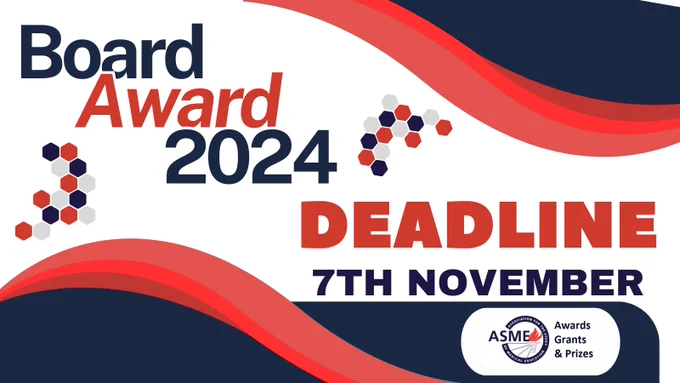 Board Award 2024
Deadline
7th November
ASME Logo Awards, Grants & Prizes
White background
Navy blocks
Red sloping lines
Red, navy & white hexagons