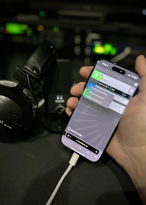 Cleanfeed running on Safari iOS on iPhone 16, connected to a RØDE NT-USB Mini microphone.