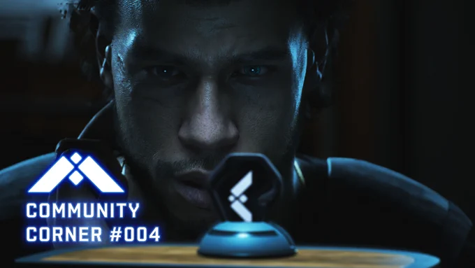 Close-up of Jacob Diaz with an intense expression, looking at a glowing device on a table. and Text overlay reading 'Community Corner #004, alongside a logo with a stylized 'M' design.