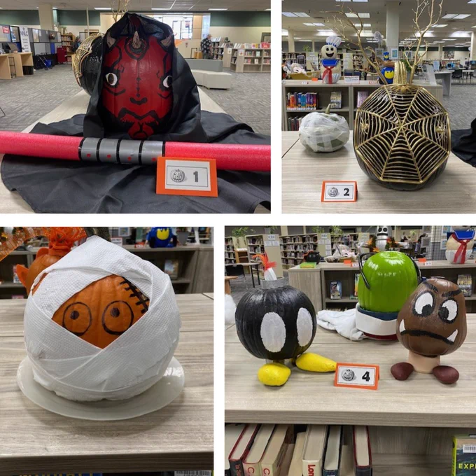 1-Darth Maul pumpkin with a lightsaber. 2-Black pumpkin with a gold web. 3-Orange pumpkin wrapped like a mummy. 4-Looney Tunes pumpkins.