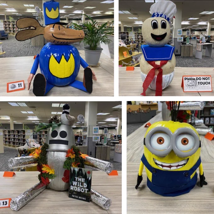 9-Dog Man pumpkin. 10-Stay Puft Marshmallow Man pumpkin. 11-The Wild Robot pumpkin. 12-Minion pumpkin.