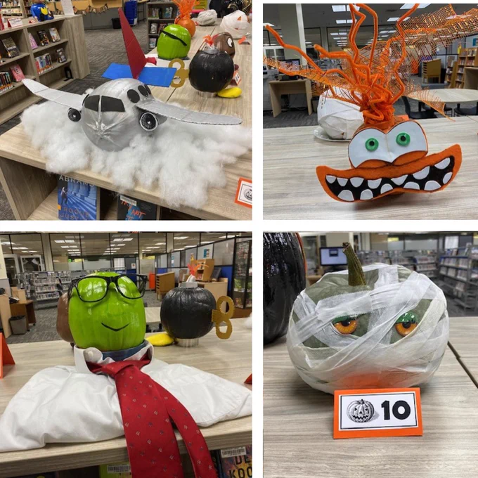 5-Silver airplane pumpkin with wings floating on clouds. 6-Orange pumpkin with large mouth, teeth, and eyes. 7-Bunsen Honeydew pumpkin from the Muppets wearing glasses and a red tie. 8-Mummy pumpkin with creepy yellow eyes. 