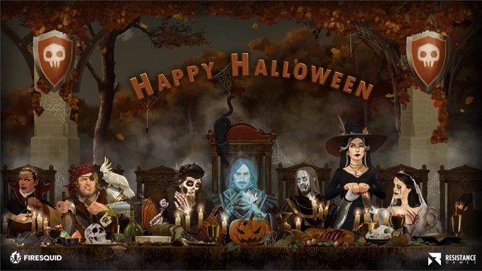 The Great Houses of Calderia key art made in Halloween with characters wearing a costume
