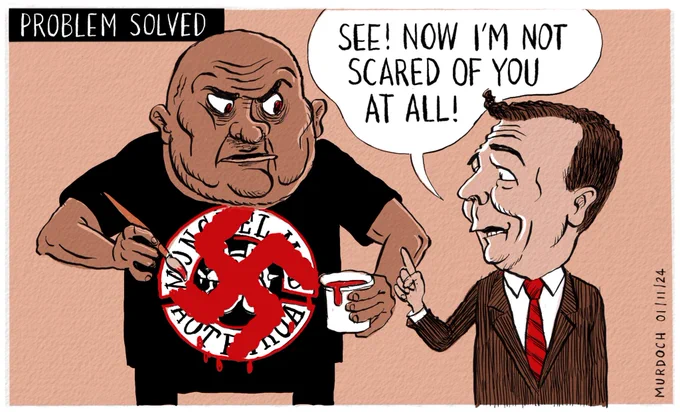 Cartoon. Title: Problem solved. David Seymour and a gang member. The gang member is covering up his patch, as per govt instructions. The fact he’s covered it with a swastika doesn’t perturb Seymour. He says, “See! Now I’m not scared of you at all!”