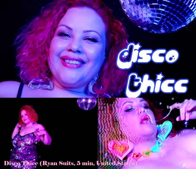 April is glowing  next to a disco ball, wearing a sexy glittery dress and heart shaped jewelry in the short film Disco Thicc by Ryan Suits at SECS Fest 2024.