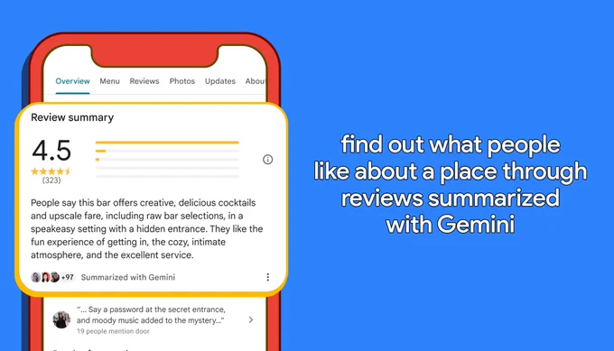 Google Maps showing summarized reviews of a bar. Text reads “find out what people like about a place through reviews summarized with Gemini”