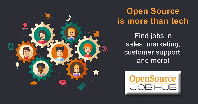 (illustration of people's faces in cogs) Open Source is more than tech: Find jobs in sales, marketing, customer support, and more on Open Source JobHub