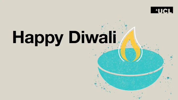 A graphic of an oil lamp, or diya next to text which reads Happy Diwali.