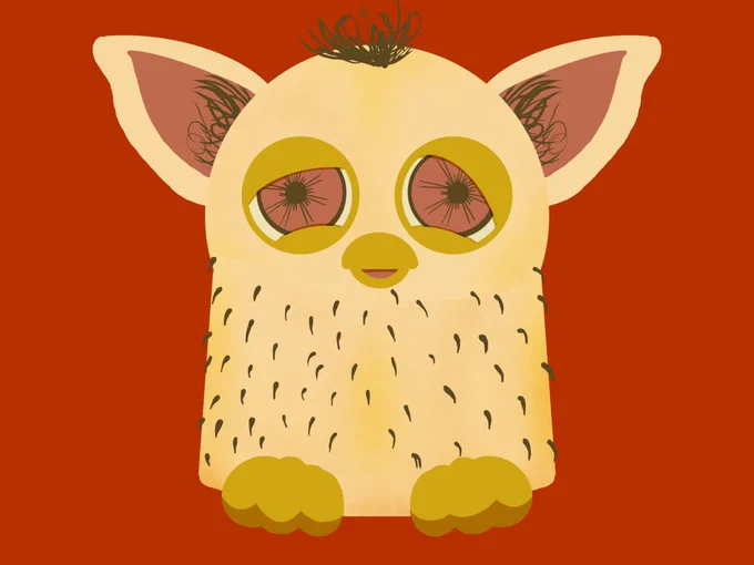 A yellowy flesh toned furby that has darn brown shirt and sparse hairs coming out of it. Red eyes with yellow eyelids that are half open and a bit off kilter. It has a spindly dark brown tuft of hair on the top of its head and some more coming from its ears. It gives off a sickly impression.