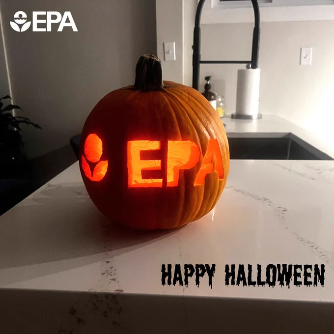 Photo of a pumpkin with an EPA carved into it. EPA logo with words Happy Halloween.