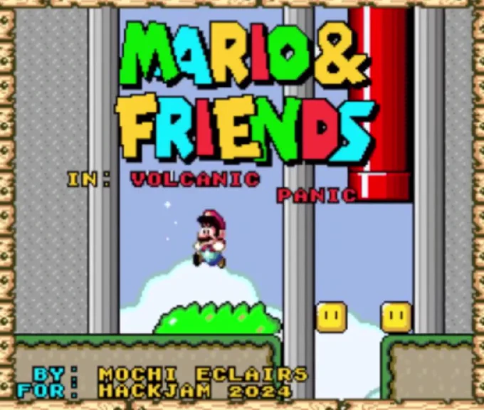 Mario & Friends title screen, Mario jumping over a bush