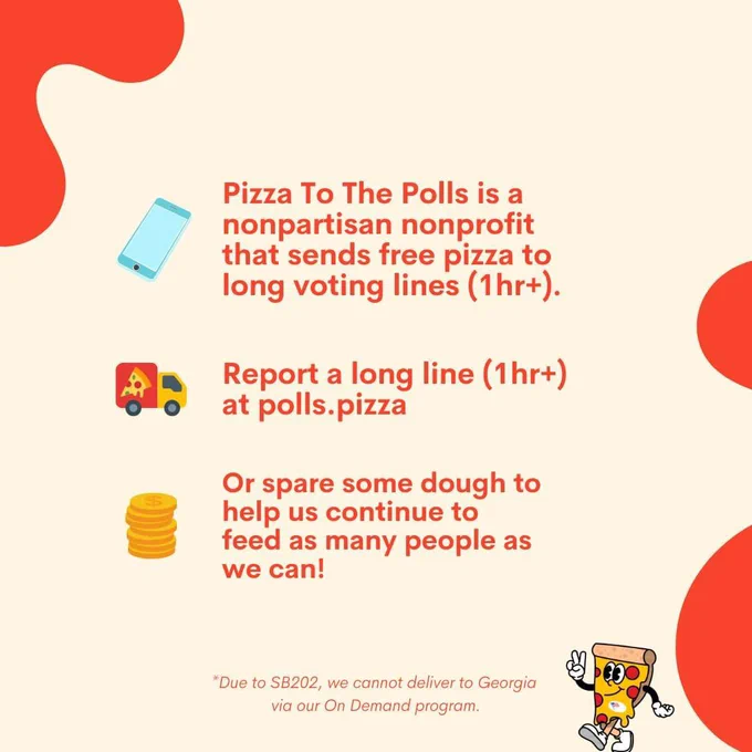 Did you know our partner Pizza to the Polls will deliver pizza to long voter lines at polling places? Now you do! 

Do you own a business willing to donate pizza or other nonperishable snacks? You can help!!

Check out https://polls.pizza for more info! #trekthevote