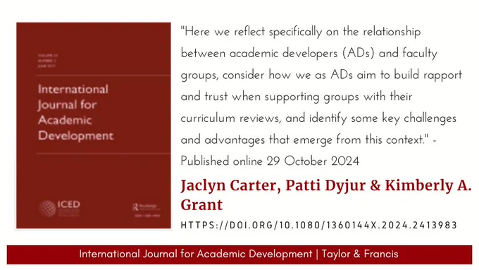 IJAD logo and a quote from an article by Jaclyn Carter, Patti Dyjur & Kimberley A. Grant: "Here, we reflect specifically on the relationship between academic developers (ADs) and faculty groups, consider how we as ADs aim to build rapport and trust when supporting groups with their curriculum reviews, and identify some key challenges and advantages that emerge from this context."